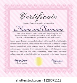Pink Certificate or diploma template. Lovely design. With complex background. Vector illustration. 