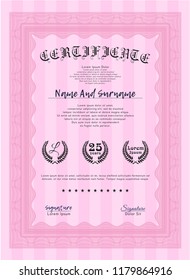 Pink Certificate or diploma template. Money Pattern design. Vector illustration. With complex linear background. 