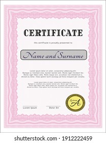 Pink Certificate or diploma template.  Money Pattern.  Easy to print.   
