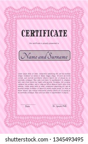 Pink Certificate or diploma template. Perfect design. Detailed. With complex background. 