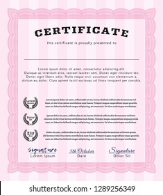 Pink Certificate or diploma template. Printer friendly. Detailed. Good design. 