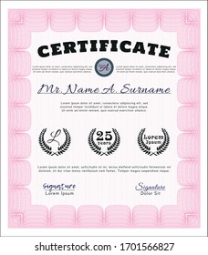 Pink Certificate or diploma template. Printer friendly. Customizable, Easy to edit and change colors. Money Pattern design. 