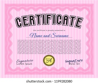Pink Certificate or diploma template. With quality background. Customizable, Easy to edit and change colors. Retro design. 