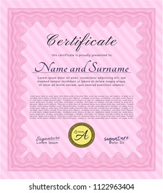 Pink Certificate or diploma template. Retro design. With complex linear background. Detailed. 