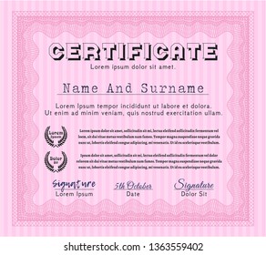 Pink Certificate or diploma template. Retro design. Vector illustration. With complex linear background. 