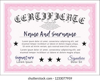 Pink Certificate or diploma template. Superior design. Customizable, Easy to edit and change colors. Easy to print. 