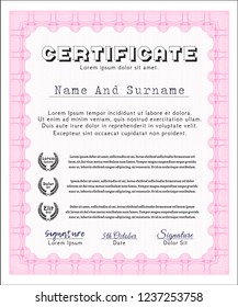 Pink Certificate or diploma template. Superior design. Detailed. With linear background. 