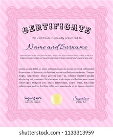 Pink Certificate or diploma template. Vector illustration. With background. Money design. 