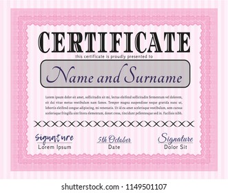 Pink Certificate or diploma template. Vector illustration. With guilloche pattern. Lovely design. 