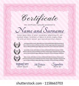 Pink Certificate or diploma template. Vector illustration. With guilloche pattern and background. Modern design. 