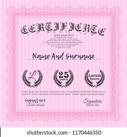 Pink Certificate or diploma template. Vector illustration. With background. Elegant design. 