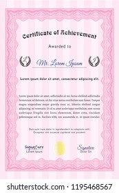 Pink Certificate or diploma template. Vector illustration. With great quality guilloche pattern. Beauty design. 