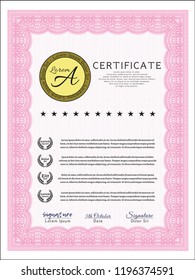 Pink Certificate or diploma template. Vector illustration. With background. Retro design. 