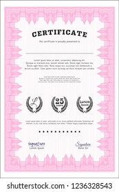Pink Certificate or diploma template. Vector illustration. Complex background. Sophisticated design. 