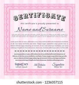 Pink Certificate or diploma template. Vector illustration. With guilloche pattern and background. Retro design. 