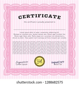 Pink Certificate or diploma template. Vector illustration. With guilloche pattern and background. Beauty design. 