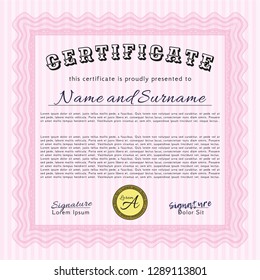 Pink Certificate or diploma template. Vector illustration. Easy to print. Sophisticated design. 