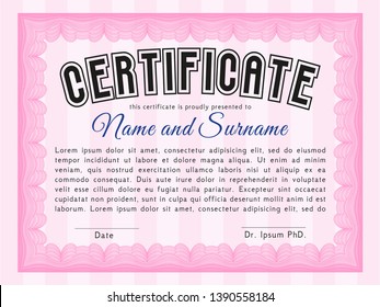 Pink Certificate or diploma template. Vector illustration. With guilloche pattern. Perfect design. 