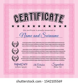 Pink Certificate or diploma template. Vector illustration. Complex background. Excellent design. 
