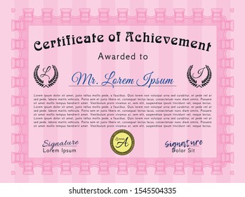 Pink Certificate or diploma template. Vector illustration. Complex background. Artistry design. 
