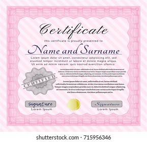 Pink Certificate or diploma template. Vector illustration. With background. Excellent design. 
