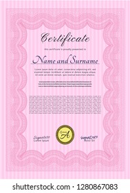 Pink Certificate. Elegant design. With background. Vector illustration. 