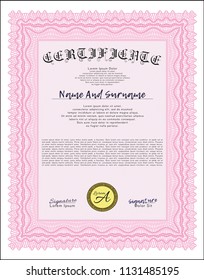 Pink Certificate. Excellent design. Vector illustration. With quality background. 