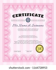 Pink Certificate. With great quality guilloche pattern. Money design. Detailed. 