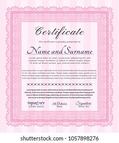     Pink Certificate. With guilloche pattern and background. Artistry design. Vector illustration. 