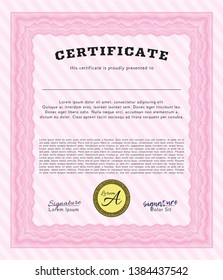 Pink Certificate. With guilloche pattern and background. Detailed. Money Pattern design. 