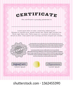 Pink Certificate. With guilloche pattern. Nice design. Vector illustration. 