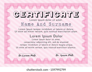 Pink Certificate. With linear background. Artistry design. Detailed. 