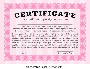 Pink Certificate. With linear background. Superior design. Detailed. 