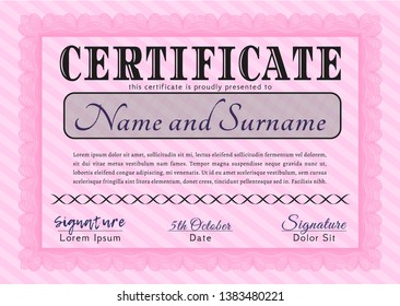 Pink Certificate. Lovely design. With great quality guilloche pattern. Customizable, Easy to edit and change colors. 
