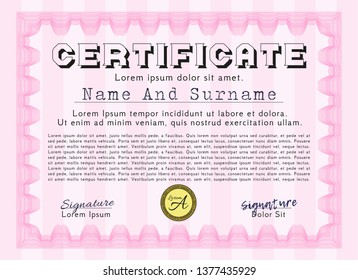 Pink Certificate. Money design. Printer friendly. Vector illustration. 