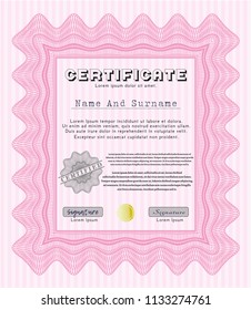 Pink Certificate. Money design. Vector illustration. With great quality guilloche pattern. 