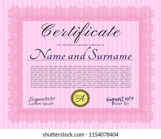 Pink Certificate. Money Pattern design. With complex linear background. Detailed. 