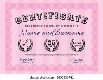Pink Certificate. Money Pattern. With great quality guilloche pattern. Vector illustration. 