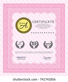 Pink Certificate. Money Pattern. Vector illustration. With guilloche pattern and background. 