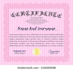 Pink Certificate. Nice design. Easy to print. Vector illustration. 