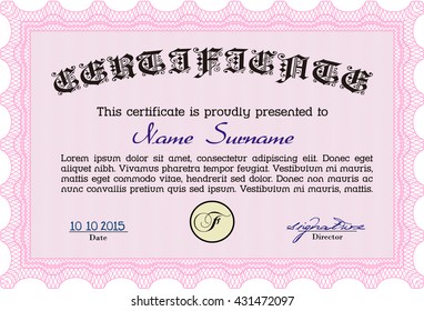 Pink Certificate. Printer friendly. Complex design. Detailed. 