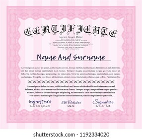 Pink Certificate. Printer friendly. Cordial design. Vector illustration. 