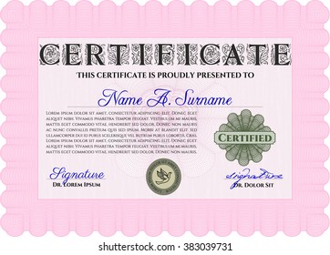 Pink Certificate. Printer friendly. Detailed. Complex design. 