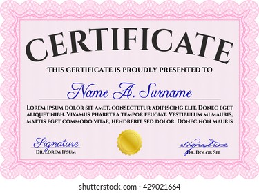 Certificado rosa. Fácil de imprimir. Detallado. Diseño complejo. 
