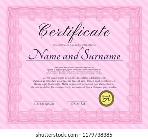 Pink Certificate. Retro design. With complex linear background. Detailed. 