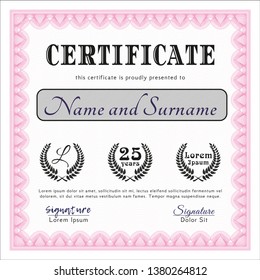 Pink Certificate. Retro design. Detailed. With guilloche pattern. 