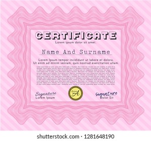 Pink Certificate. Retro design. With linear background. Detailed. 