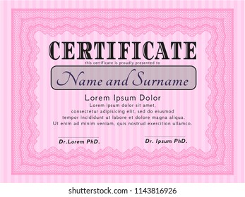 Pink Certificate. Retro design. Vector illustration. With complex linear background. 