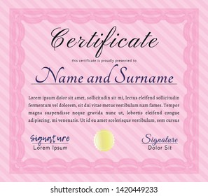 Pink Certificate. Sophisticated design. With guilloche pattern and background. Vector illustration. 