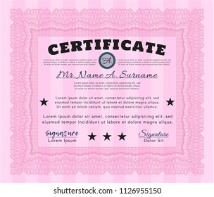 Pink Certificate. Superior design. Vector illustration. With guilloche pattern and background. 